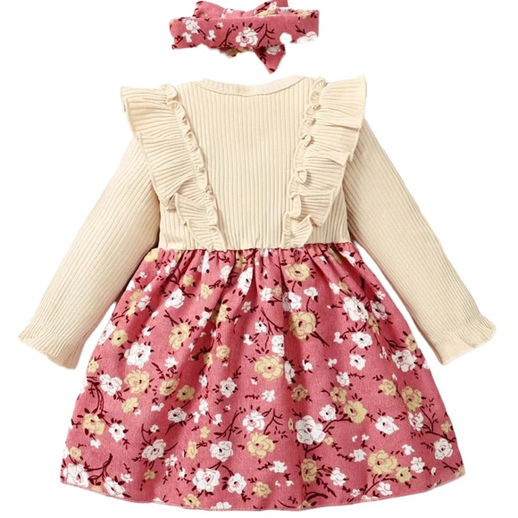 FLASH SALE!! Girls’ Khaki and Rose Floral Long Sleeved Dress with Headband - Picture 2 of 7